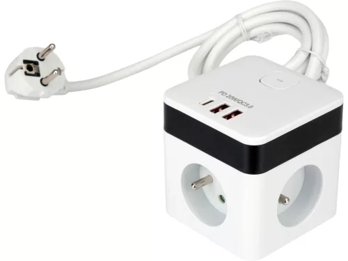 STHOR 72480 Power Cube USB, földelt, fehér 5 aljzatos, 1,4 m, 3x1 mm²
