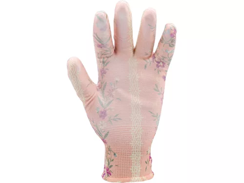 FLO 74136 Kertészkesztyű Rózsaszín Virágmintával 9-As, Pu Bevonattal.