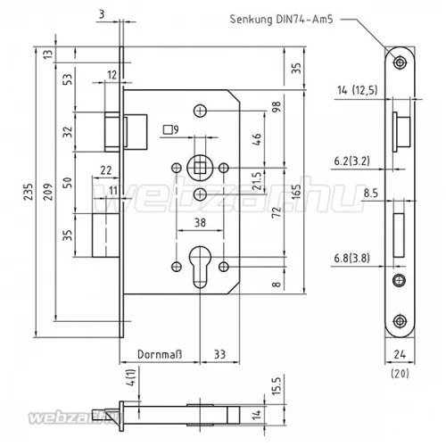 BMH 1000 PZW bevésőzár 65/72 jobbos, rozsdamentes