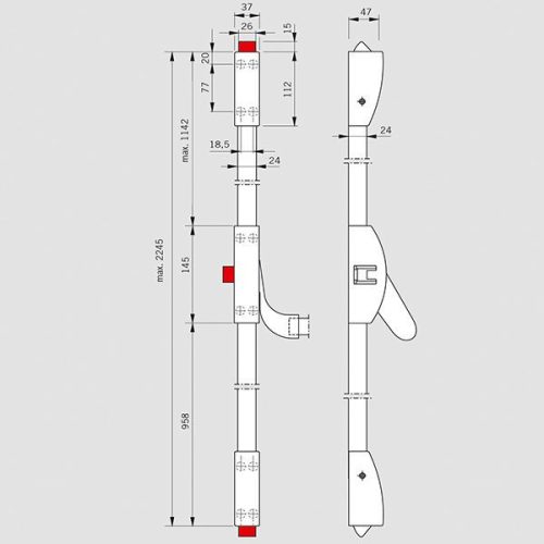 Dorma pánikzár szett (2szárnyú, A-3pontos-lent fent és középen oldalra zár, P-2pontos-lent fent függőlegesen zár, tűzgátló, max.2270, kilinccsel)