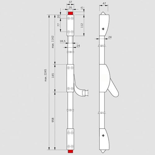 Dorma pánikzár szett (2szárnyú, A-3pontos-lent fent és középen oldalra zár, P-2pontos-lent fent függőlegesen zár, tűzgátló, max.2270, fix gombbal)