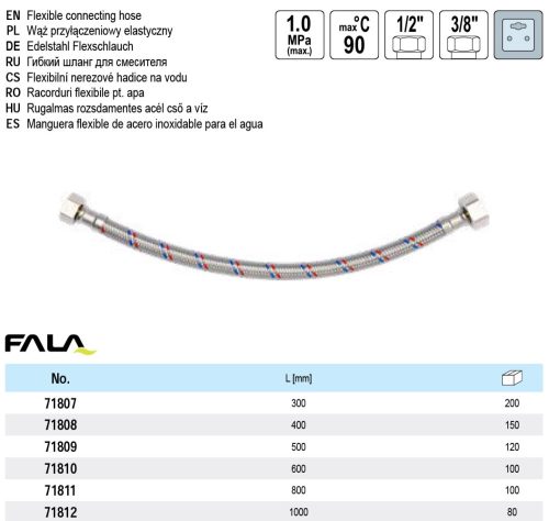 FALA71809 Flexibilis bekötőcső 1/2" x 3/8" 500 mm belső-belső