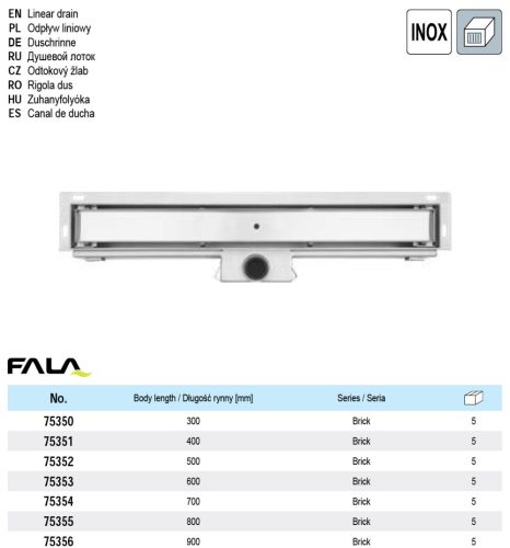 FALA75354 Fali zuhanylefolyó 700 mm Brick
