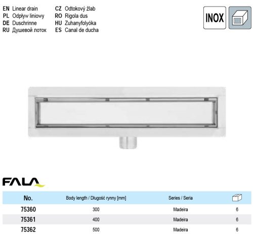 FALA75361 Zuhanylefolyó 400 mm Madeira inox