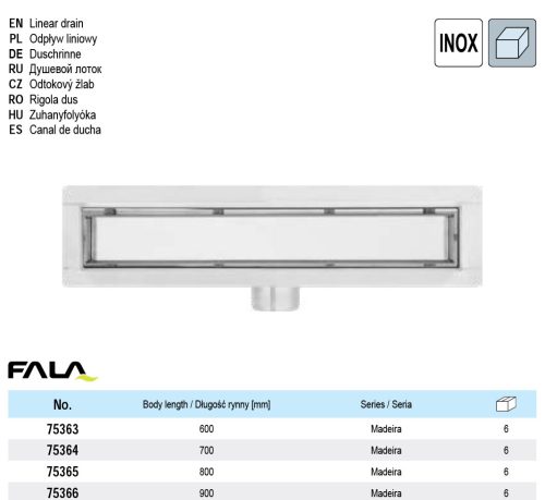 FALA75365 Zuhanylefolyó 800 mm Madeira inox