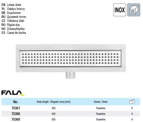 FALA75367 Zuhanylefolyó 300 mm Tocantins inox