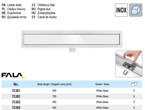 FALA75383 Zuhanylefolyó 800 mm White Glass inox