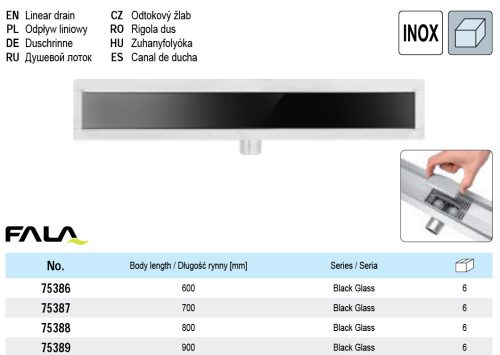FALA75388 Zuhanylefolyó 800 mm Black Glass inox