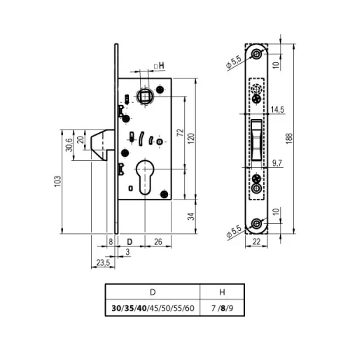 G1 30/72/8/S tolóajtó zár + zárólemez