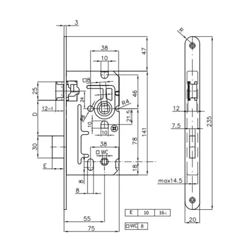 Metalplast S110 55/78 toalett bevésőzár balos