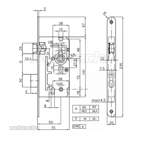 Elzett Serie 110 55/72 toalett bevésőzár jobbos