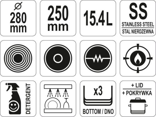 YATO YG-00004 GASTRO Fazék fedővel 15,4 liter 280 x 250 mm inox