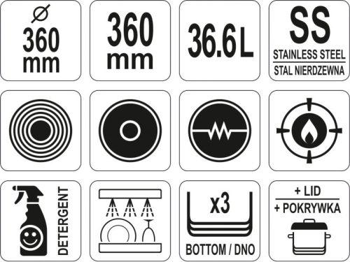 YATO YG-00007 GASTRO Fazék fedővel 36,6 liter 360 x 360 mm inox
