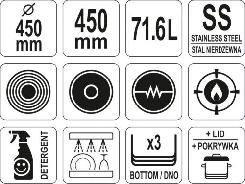 YATO YG-00009 GASTRO Fazék fedővel 71,6 liter 450 x 450 mm inox