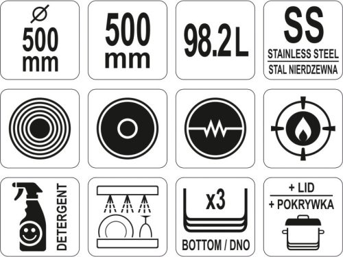 YATO YG-00010 GASTRO Fazék fedővel 98,2 liter 500 x 500 mm inox