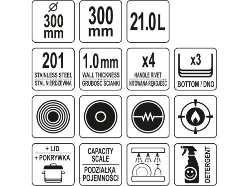 YATO YG-00014 GASTRO Fazék fedővel 21 liter 300 x 300 mm inox