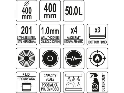 YATO YG-00018 GASTRO Fazék fedővel 50 liter 400 x 400 mm inox