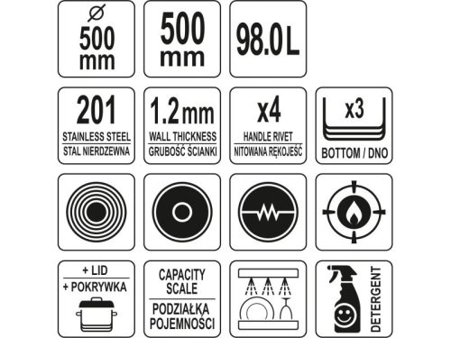 YATO YG-00020 GASTRO Fazék fedővel 98 liter 500 x 500 mm inox