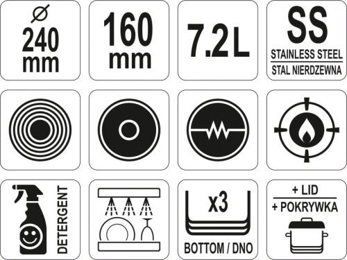 YATO YG-00023 GASTRO Lábas fedővel 7,2 liter 240 x 160 mm inox