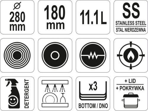 YATO YG-00024 GASTRO Lábas fedővel 11,1 liter 280 x 180 mm inox
