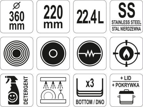YATO YG-00026 GASTRO Lábas fedővel 22,4 liter 360 x 220 mm inox