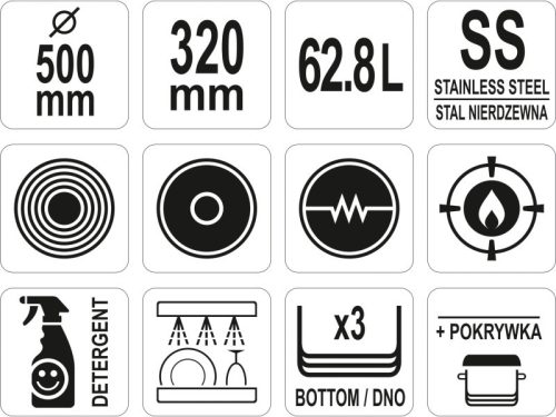 YATO YG-00029 GASTRO Lábas fedővel 62,8 liter 500 x 320 mm inox