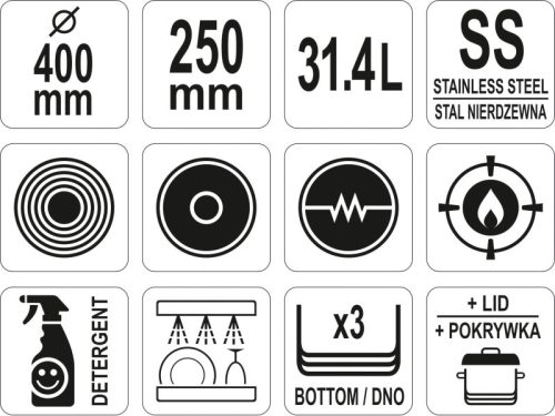 YATO YG-00045 GASTRO Lábas fedővel 31,4 liter 400 x 250 mm inox