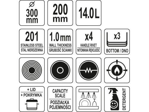 YATO YG-00047 GASTRO Fazék fedővel 14 liter 300 x 200 mm inox