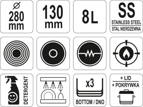YATO YG-00063 GASTRO Nyeles lábas fedővel 8 liter 280 mm inox