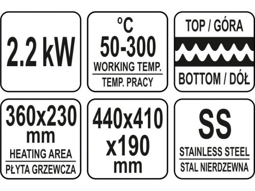 YATO YG-04557 GASTRO Kontaktgrill 440 mm 2200 W bordázott sütőlap
