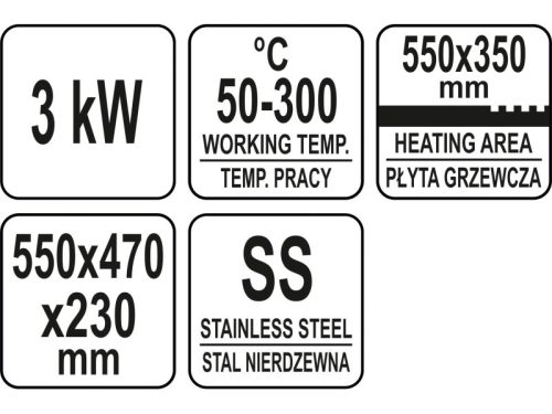 YATO YG-04586 GASTRO Grill 550 mm 3000 W lapos és bordázott sütőlap