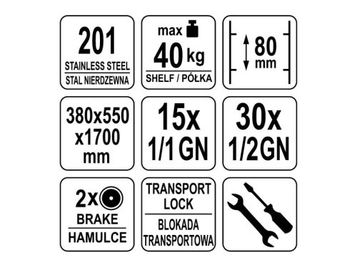 YATO YG-09070 GASTRO Regál kocsi 15 x 1/1 GN edény