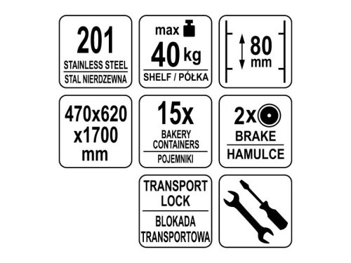 YATO YG-09072 GASTRO Regál, tálcaszedő kocsi 600 x 400-as tálcához