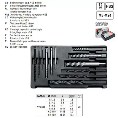 YATO YT-0591 Törtcsavar kiszedő és fúró készlet 12 részes M3-M24