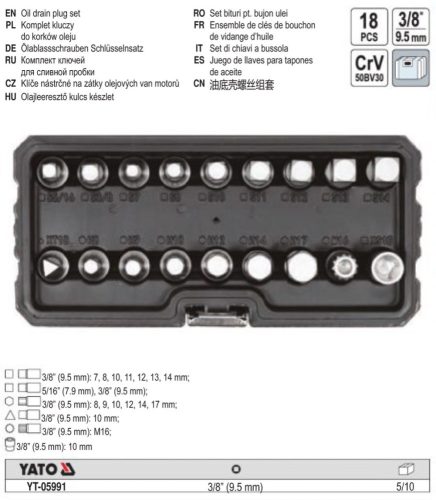 YATO YT-05991 Olajleeresztő kulcs készlet 18 részes 3/8" CrV