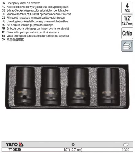 YATO YT-06030 Roncsolt csavar leszedő gépi dugókulcs készlet 4 részes 1/2 Col 17-26 mm CrMo