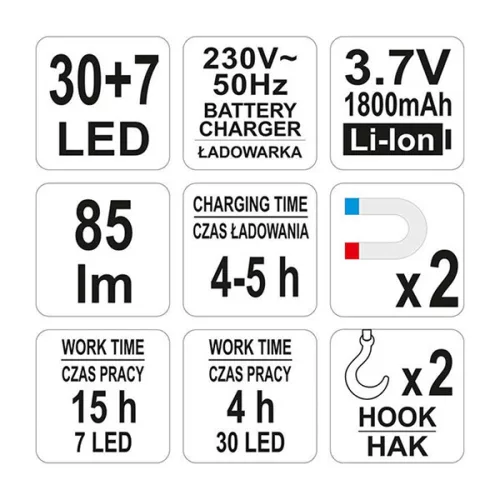 YATO YT-08505 Akkus LED lámpa (30+7 LED) 3,7 V