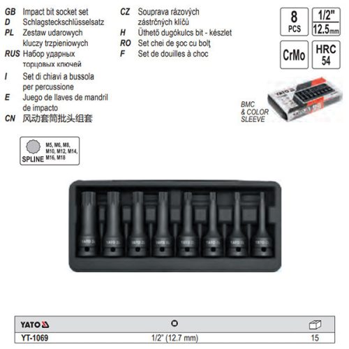 YATO YT-1069 Gépi hosszú bit dugókulcs készlet 8 részes Spline 1/2" M5-M18 CrMo