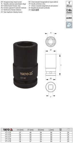 YATO YT-1175 Gépi hosszú dugókulcs 1" 27 mm CrMo