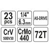 YATO YT-14451 Dugókulcs készlet 23 részes 1/4" 4-13 mm CrV