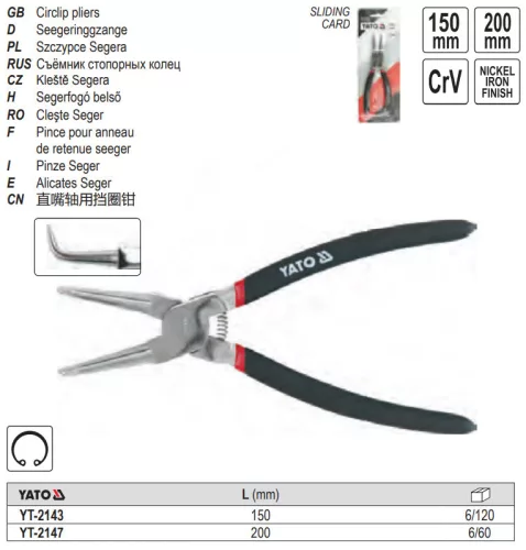 YATO YT-2147 Seeger fogó 200 mm belső hajlított
