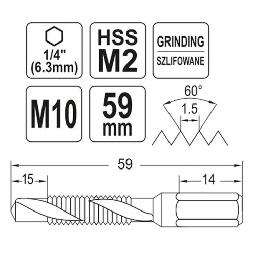 YATO YT-44847 Kombinált gépi fúró-menetfúró M10 bit befogású