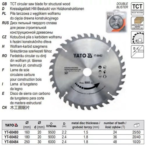 YATO YT-60484 Fűrésztárcsa fához 250 x 30 x 1,8 mm / 48T