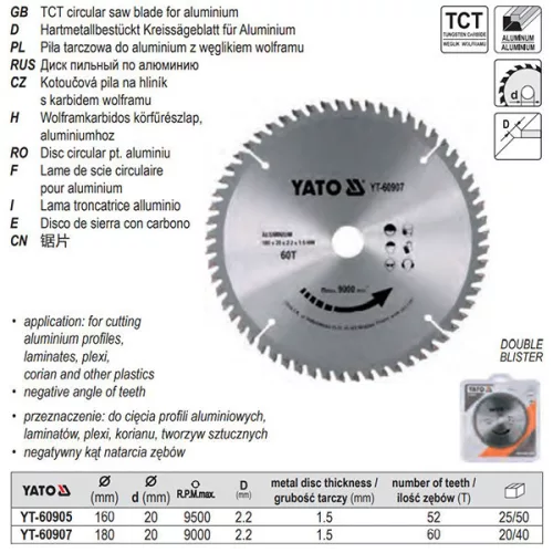 YATO YT-60905 Fűrésztárcsa alumíniumhoz 160 x 20 x 1,5 mm / 52T
