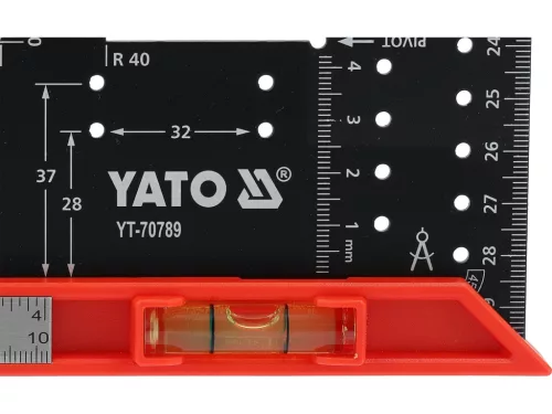 YATO YT-70789 Acél derékszög jelölő lyukasztásokkal, szögmérő mélységmérő és viszszint mérő funkciókkal