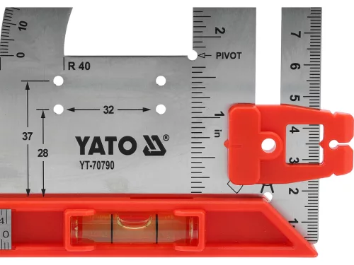 YATO YT-70790 Rozsdamentes acél derékszög jelölő lyukasztásokkal, szögmérő mélységmérő és viszszint mérő funkciókkal