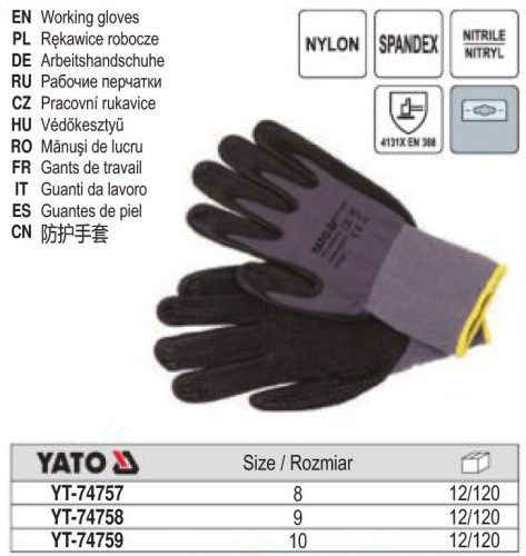 YATO YT-74758 Munkavédelmi kesztyű habosított nitril mártott 9-es csúszásgátlós