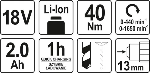 YATO YT-82780 Akkus fúrócsavarozó 40 Nm 18 V Li-Ion (1 x 2,0 Ah akku + töltő)