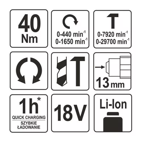 YATO YT-82787 Akkus ütvefúró-csavarozó 40 Nm 18 V Li-Ion (akku + töltő nélkül)