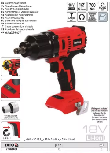 YATO YT-828061 Akkus ütvecsavarozó 700 Nm szénkefe nélküli 18 V Li-Ion (akku + töltő nélkül)